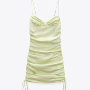 zara ruched green satin effect dress